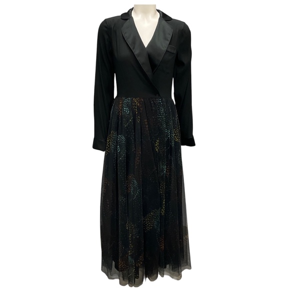 SARA ROKA BLACK MULTI 2023 KENJI TULLE MIDI WRAP DRESS - Picture 1 of 6